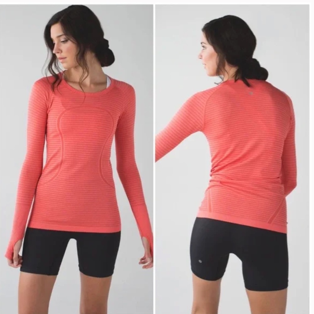 Lululemon 4 Swiftly Tech Long Sleeve Crew Orange Stripe Heathered Alarming